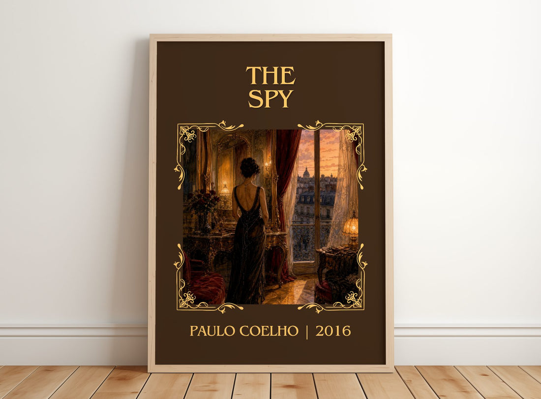 The Spy Classic Book Art Print by Paulo Coelho – framed print leaning on a wooden floor