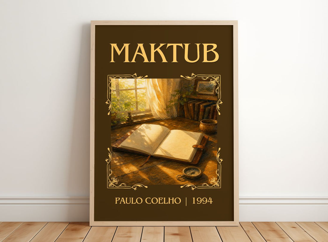 Maktub Classic Book Art Print by Paulo Coelho – framed print leaning on a wooden floor