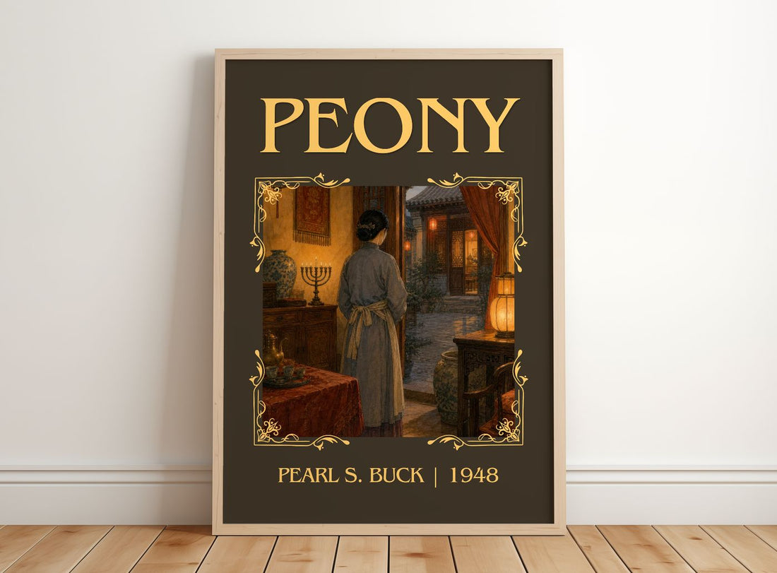 Peony Classic Book Art Print by Pearl S. Buck – framed print leaning on a wooden floor