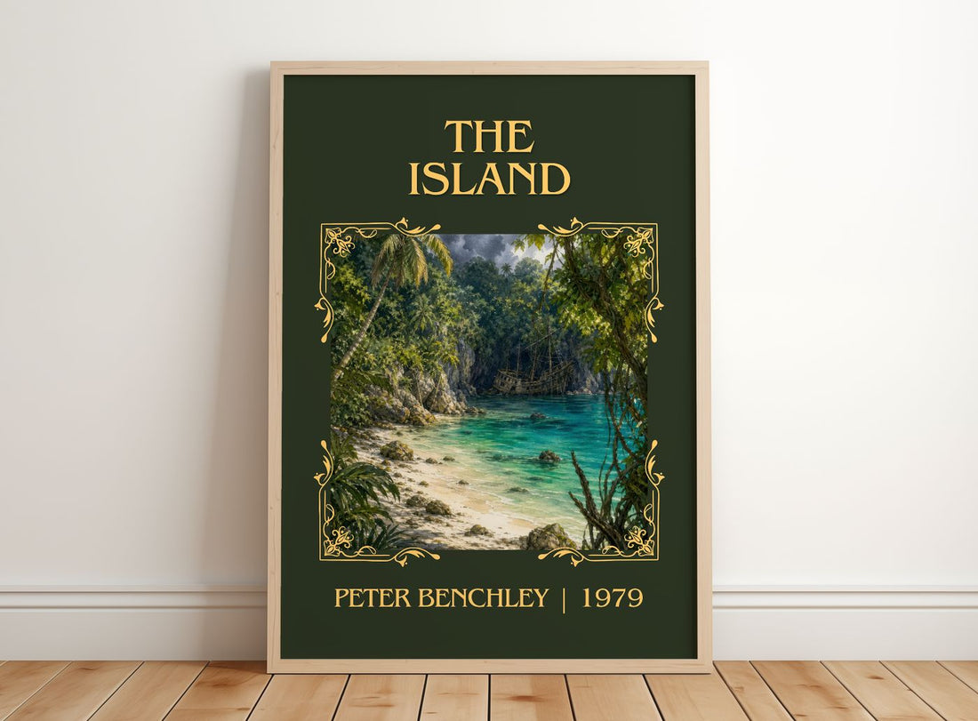 The Island Classic Book Art Print by Peter Benchley – framed print leaning on a wooden floor