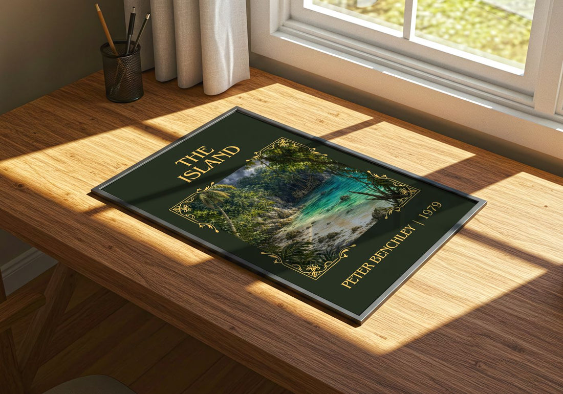 The Island Classic Book Art Print by Peter Benchley – print on a sunlit desk