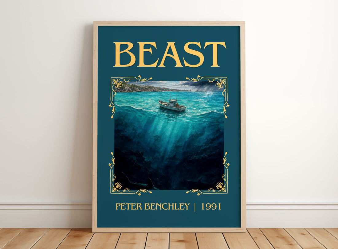 Beast Classic Book Art Print by Peter Benchley – framed print leaning on a wooden floor