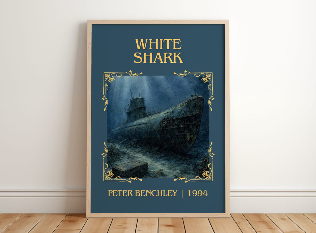 White Shark Classic Book Art Print by Peter Benchley – framed print leaning on a wooden floor
