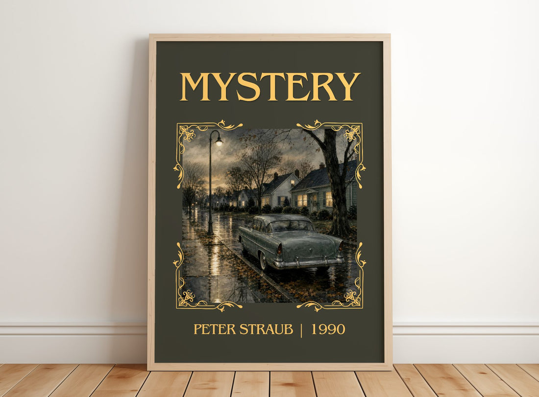 Mystery Classic Book Art Print by Peter Straub – framed print leaning on a wooden floor
