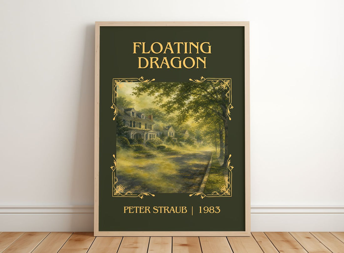 Floating Dragon Classic Book Art Print by Peter Straub – framed print leaning on a wooden floor