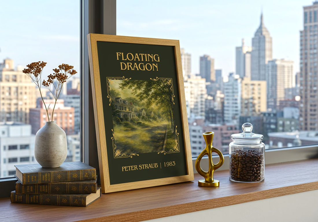Floating Dragon Classic Book Art Print by Peter Straub – framed print on a city-view windowsill