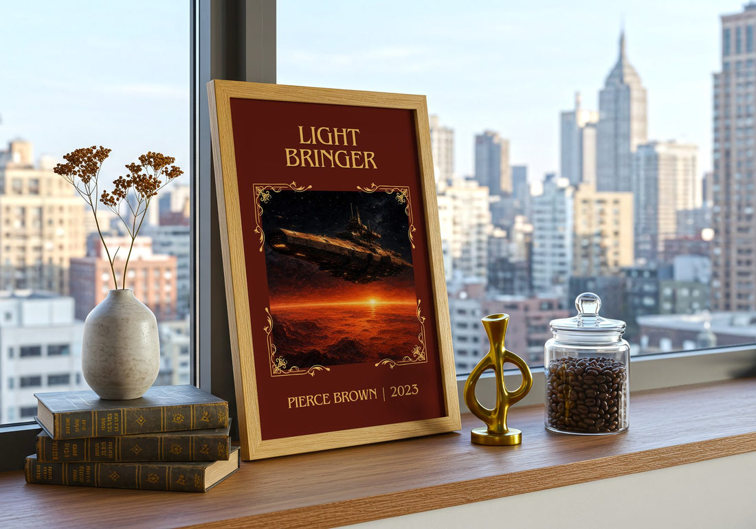 Light Bringer Classic Book Art Print by Pierce Brown – framed print on a city-view windowsill