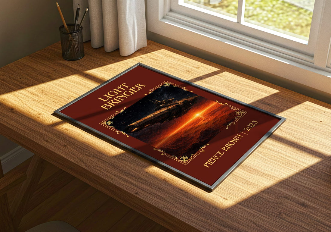 Light Bringer Classic Book Art Print by Pierce Brown – print on a sunlit desk