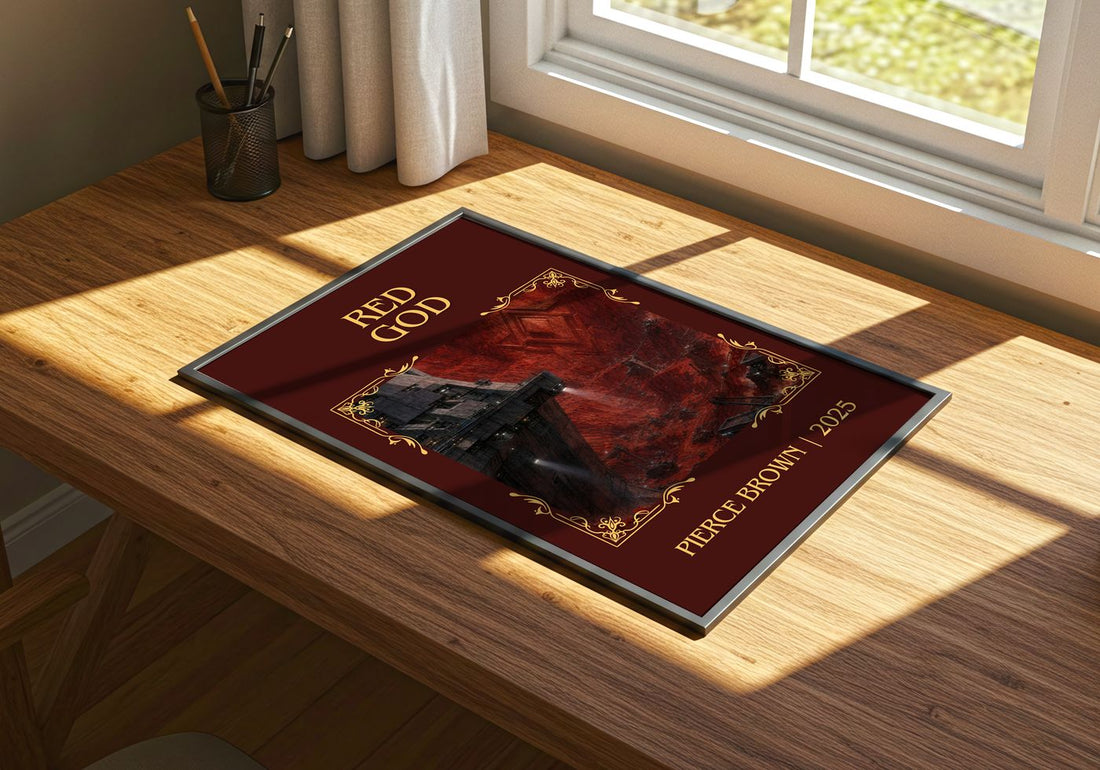 Red God Classic Book Art Print by Pierce Brown – print on a sunlit desk