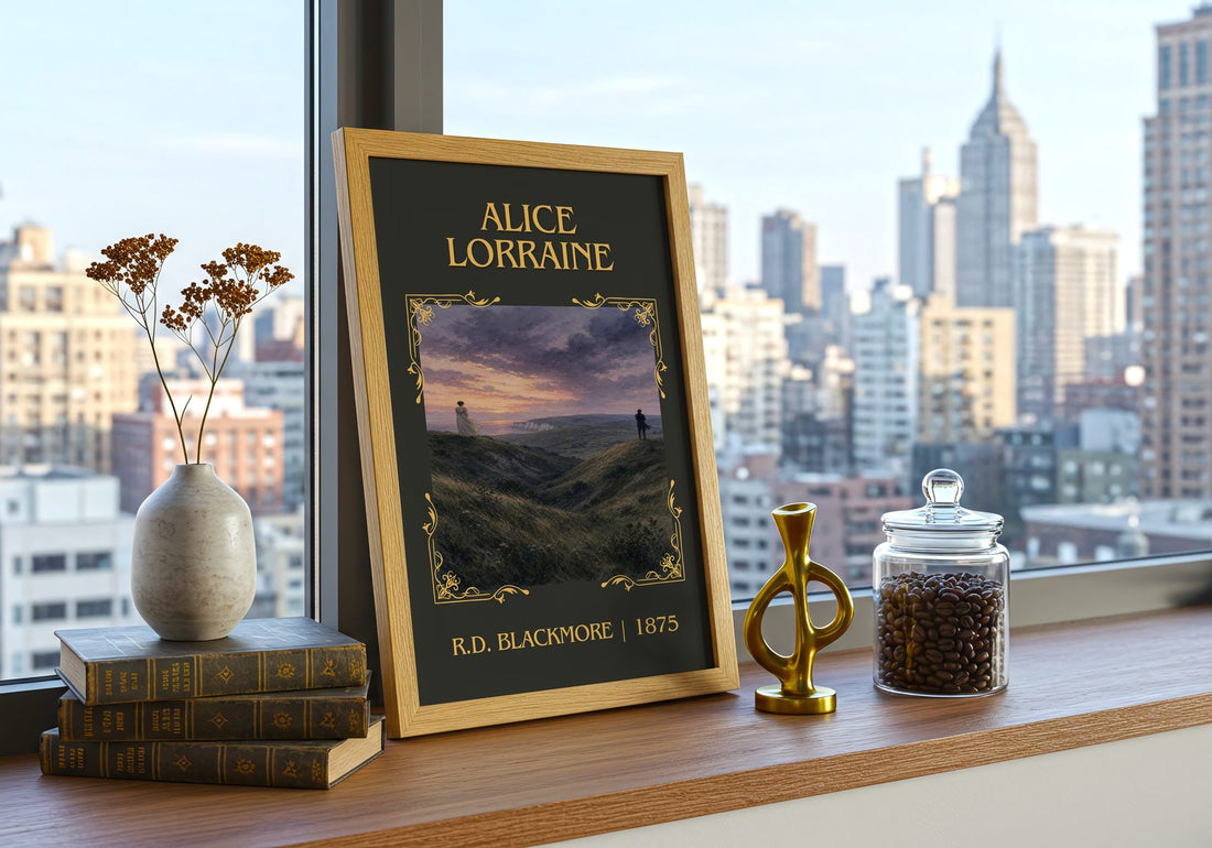 Alice Lorraine Classic Book Art Print by R.D. Blackmore – framed print on a city-view windowsill