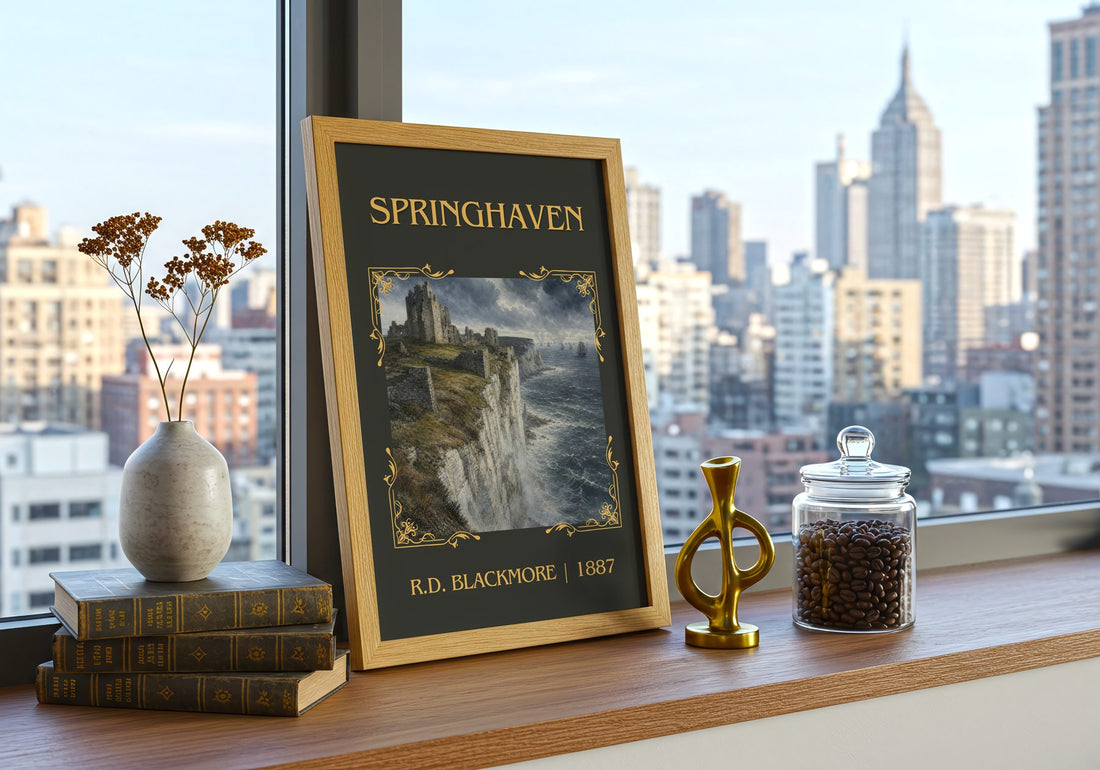 Springhaven Classic Book Art Print by R.D. Blackmore – framed print on a city-view windowsill