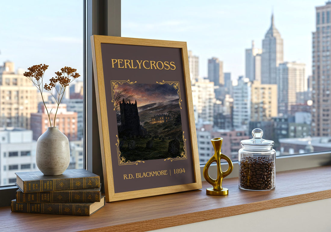 Perlycross Classic Book Art Print by R.D. Blackmore – framed print on a city-view windowsill