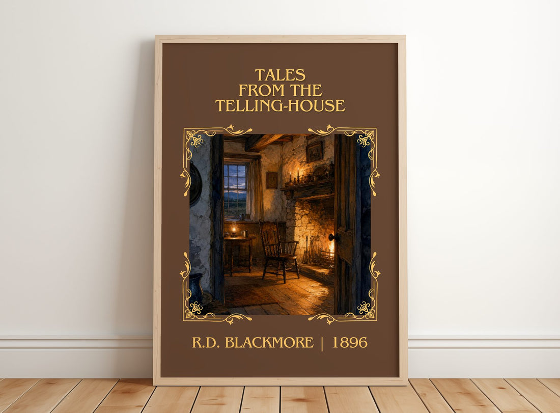 Tales From The Telling-House Classic Book Art Print by R.D. Blackmore – framed print leaning on a wooden floor
