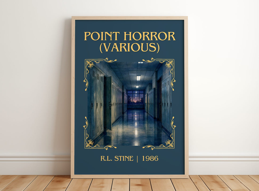 Point Horror (Various) Classic Book Art Print by R.L. Stine – framed print leaning on a wooden floor