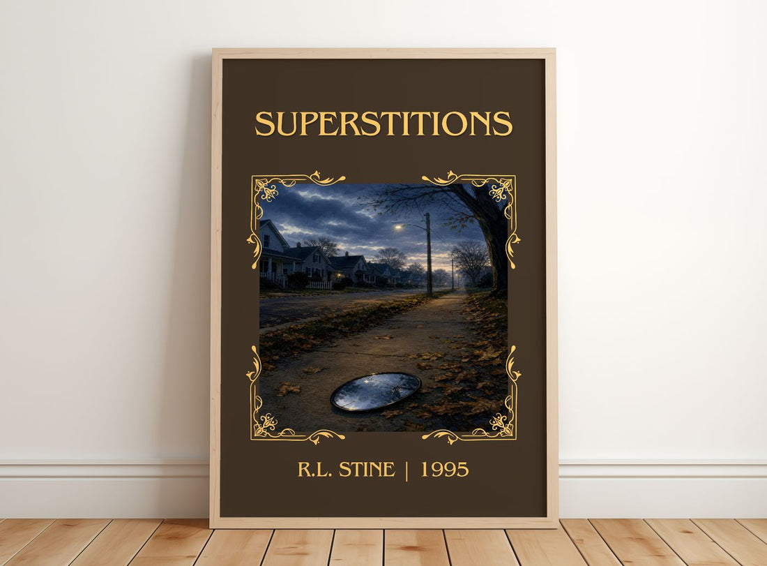 Superstitions Classic Book Art Print by R.L. Stine – framed print leaning on a wooden floor