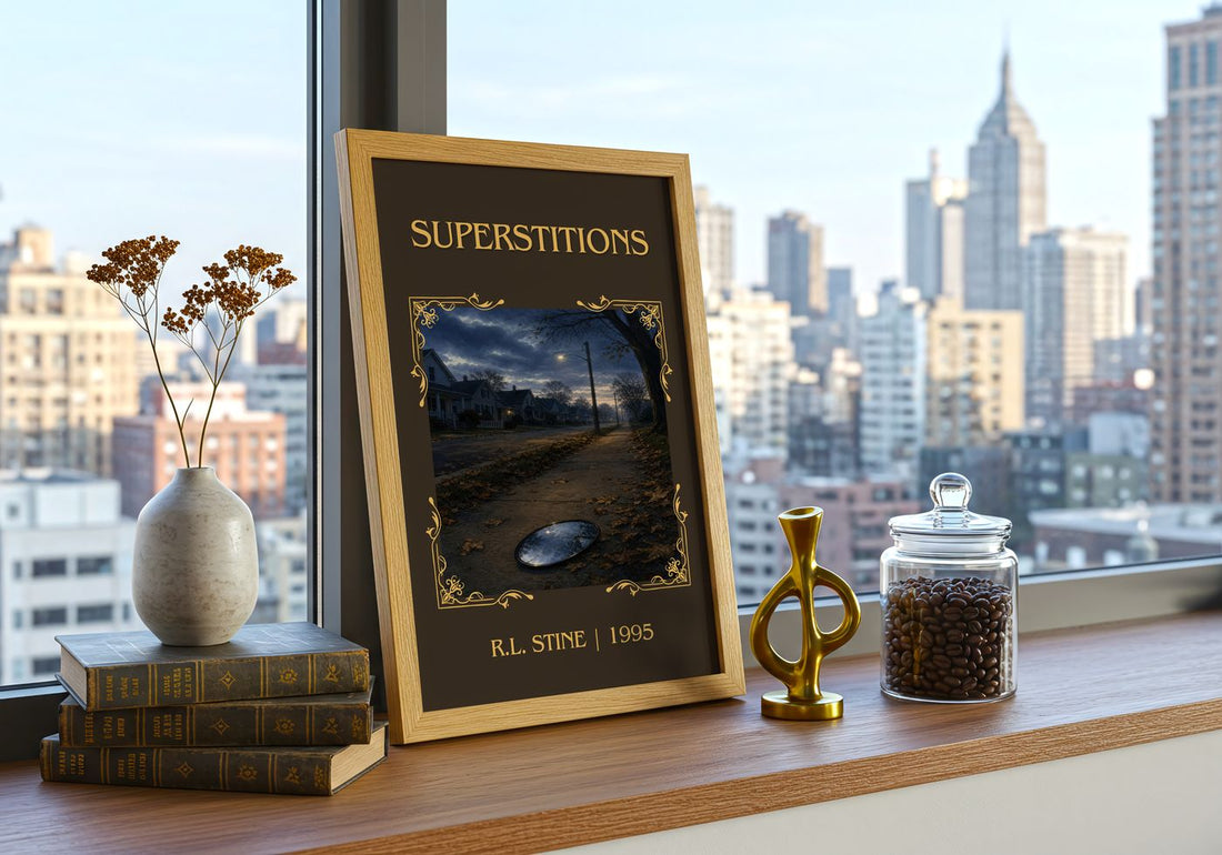 Superstitions Classic Book Art Print by R.L. Stine – framed print on a city-view windowsill