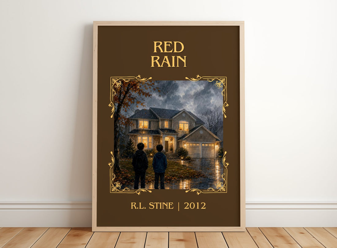 Red Rain Classic Book Art Print by R.L. Stine – framed print leaning on a wooden floor