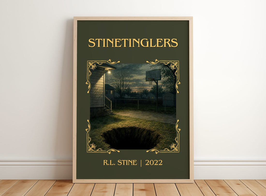 Stinetinglers Classic Book Art Print by R.L. Stine – framed print leaning on a wooden floor