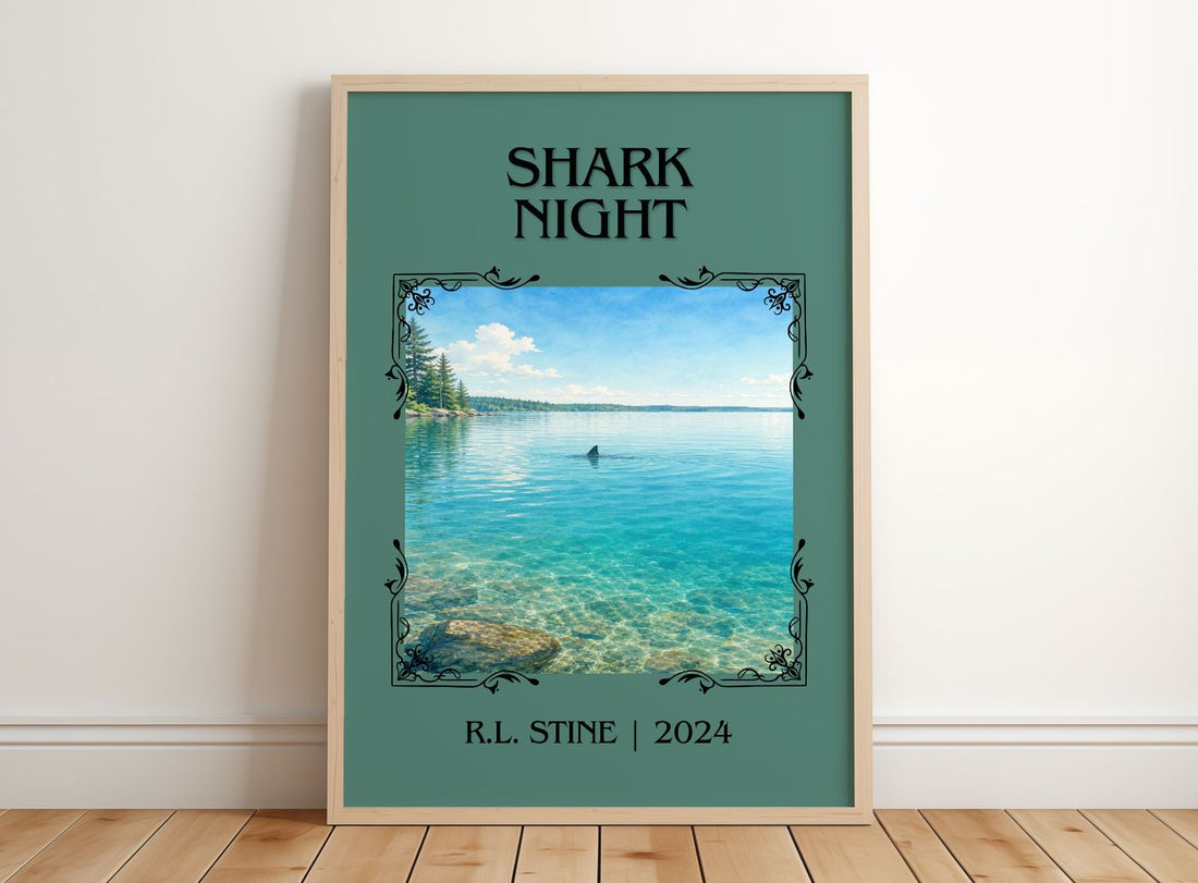 Shark Night Classic Book Art Print by R.L. Stine – framed print leaning on a wooden floor