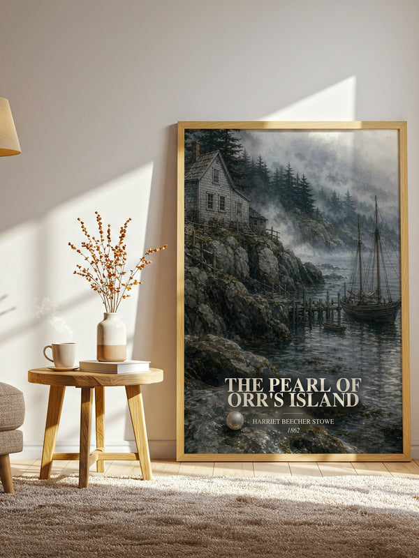 The Pearl Of Orr'S Island watercolour print in frame leaning in hallway – classic literature wall art
