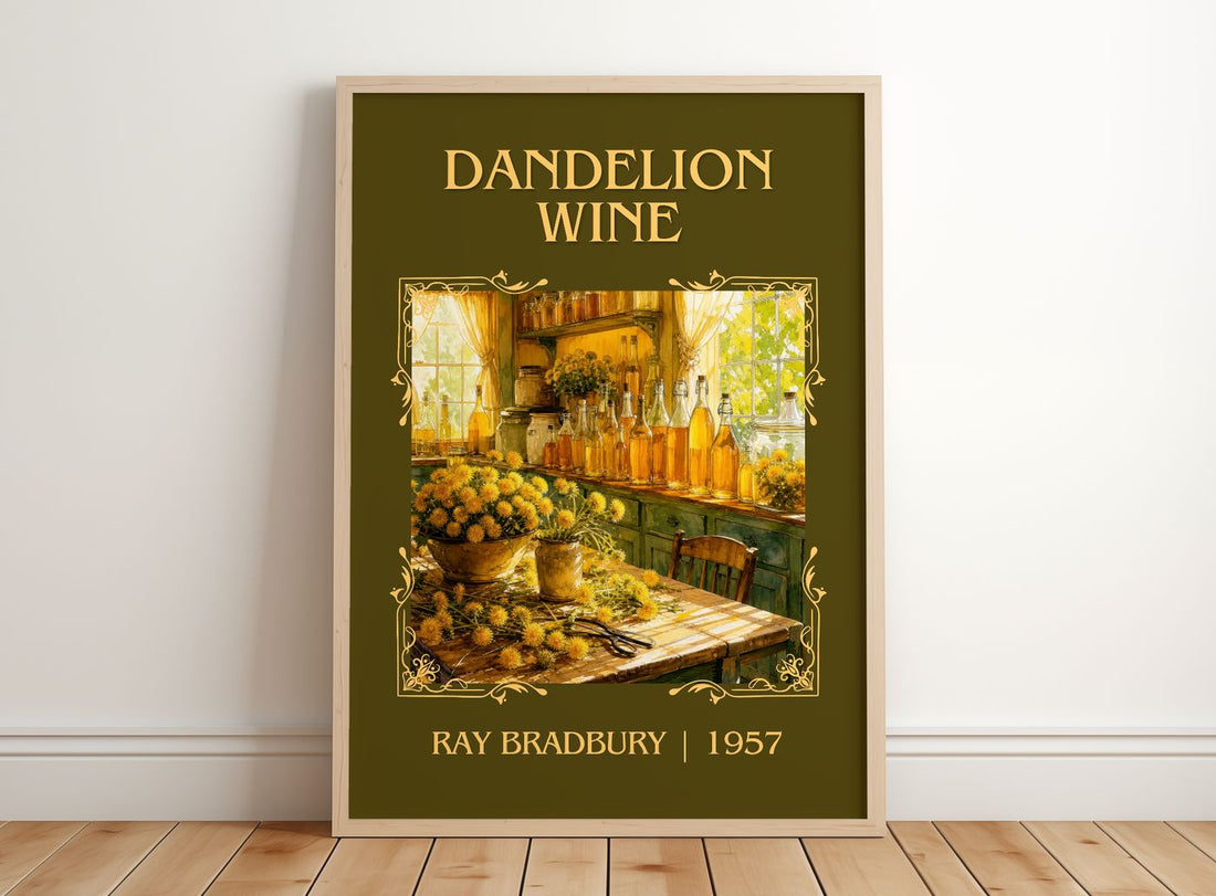 Dandelion Wine Classic Book Art Print by Ray Bradbury – framed print leaning on a wooden floor
