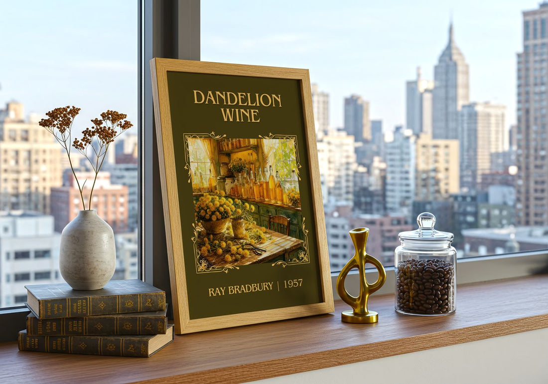 Dandelion Wine Classic Book Art Print by Ray Bradbury – framed print on a city-view windowsill