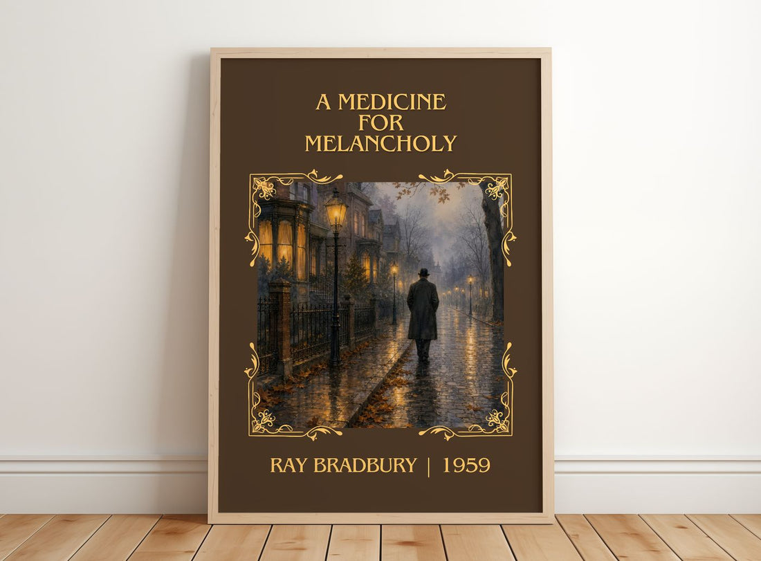 A Medicine For Melancholy Classic Book Art Print by Ray Bradbury – framed print leaning on a wooden floor