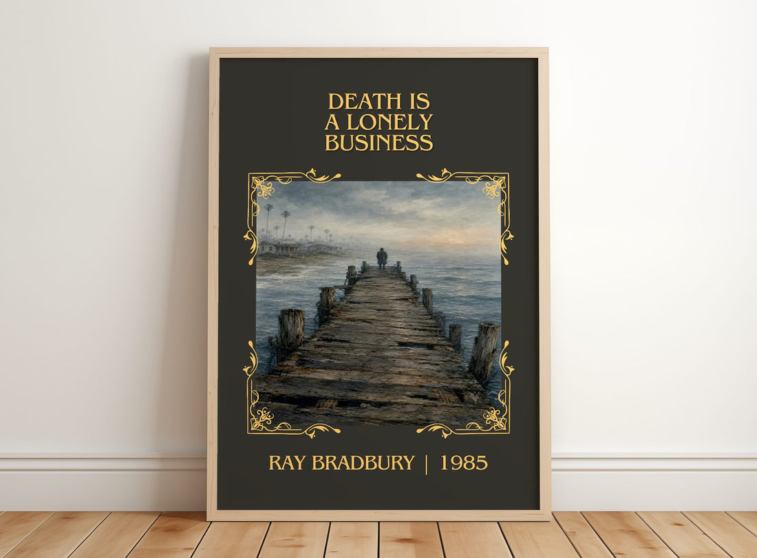Death Is A Lonely Business Classic Book Art Print by Ray Bradbury – framed print leaning on a wooden floor