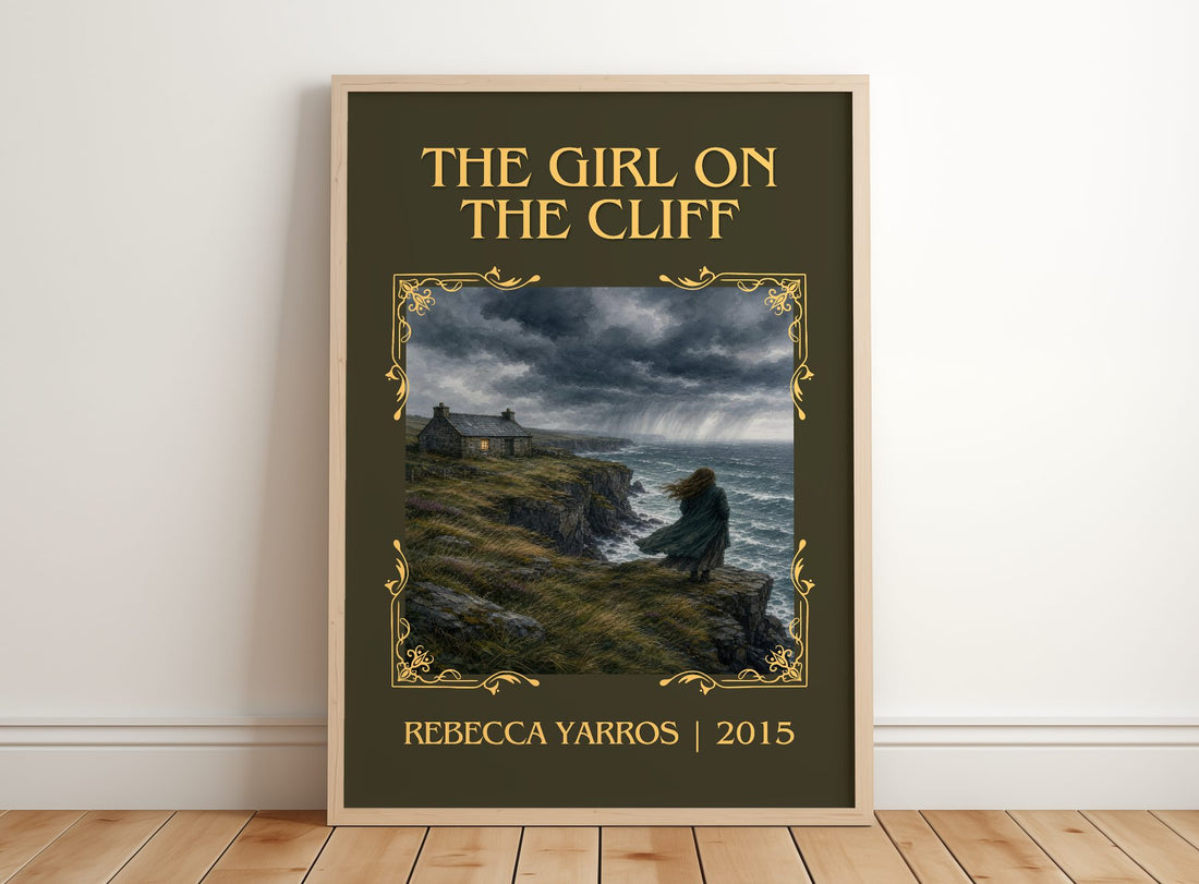 The Girl On The Cliff Classic Book Art Print by Rebecca Yarros – framed print leaning on a wooden floor