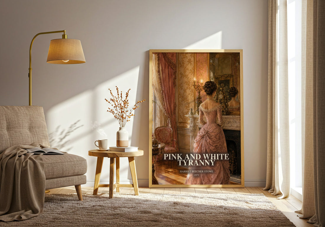Pink And White Tyranny watercolour print in frame leaning in hallway – historical fiction wall art (mockup)