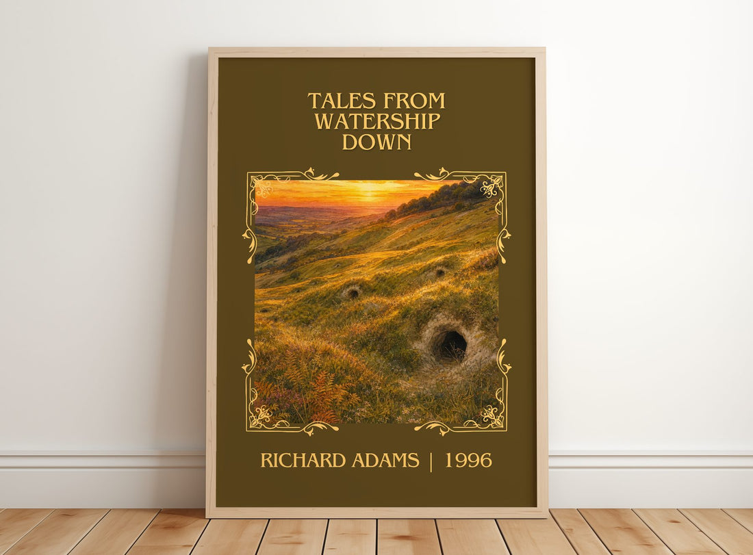 Tales From Watership Down Classic Book Art Print by Richard Adams – framed print leaning on a wooden floor