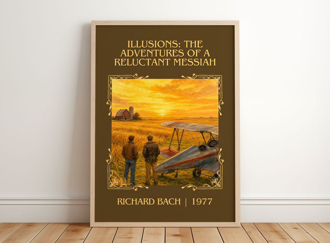 Illusions: The Adventures Of A Reluctant Messiah Classic Book Art Print by Richard Bach – framed print leaning on a wooden floor