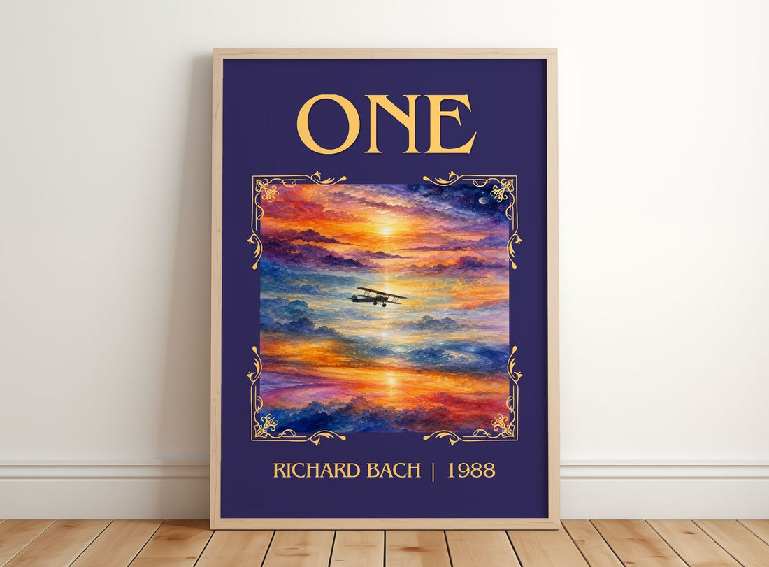 One Classic Book Art Print by Richard Bach – framed print leaning on a wooden floor