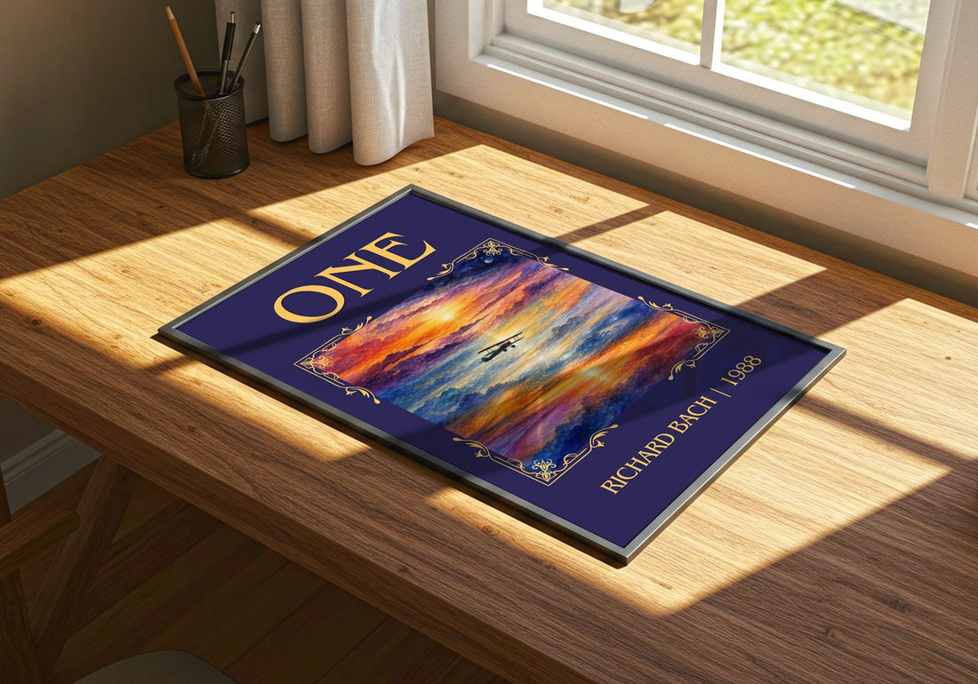 One Classic Book Art Print by Richard Bach – print on a sunlit desk