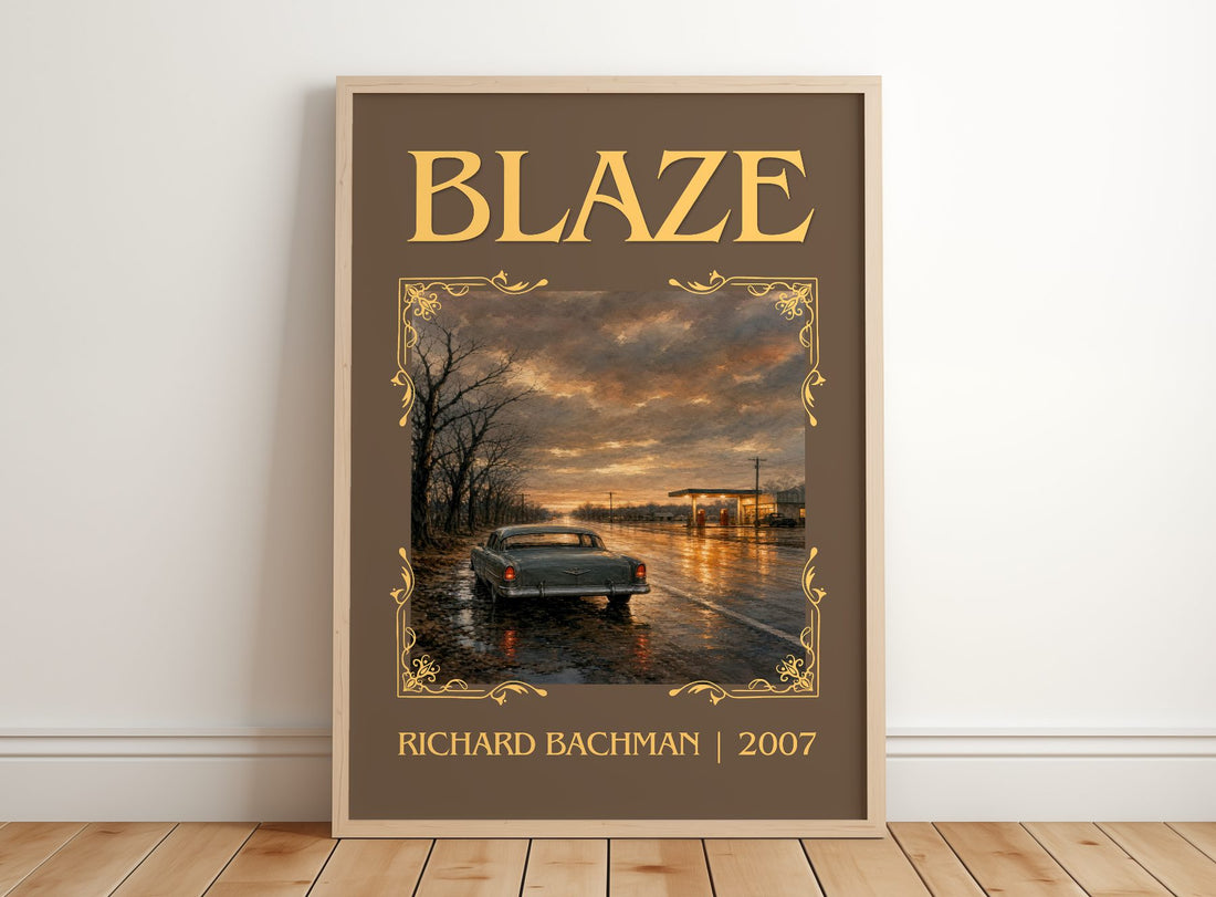Blaze Classic Book Art Print by Richard Bachman – framed print leaning on a wooden floor