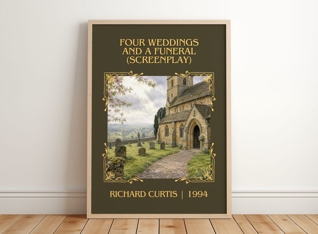 Four Weddings And A Funeral (Screenplay) Classic Book Art Print by Richard Curtis – framed print leaning on a wooden floor