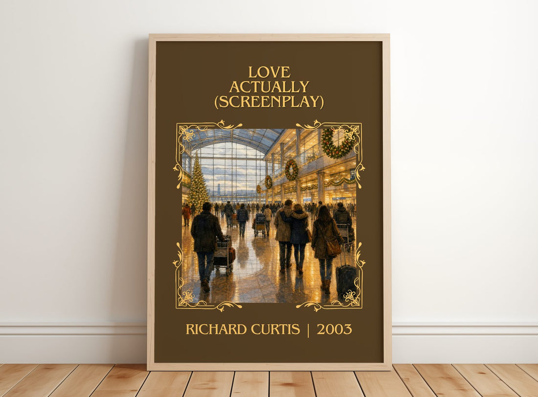 Love Actually (Screenplay) Classic Book Art Print by Richard Curtis – framed print leaning on a wooden floor