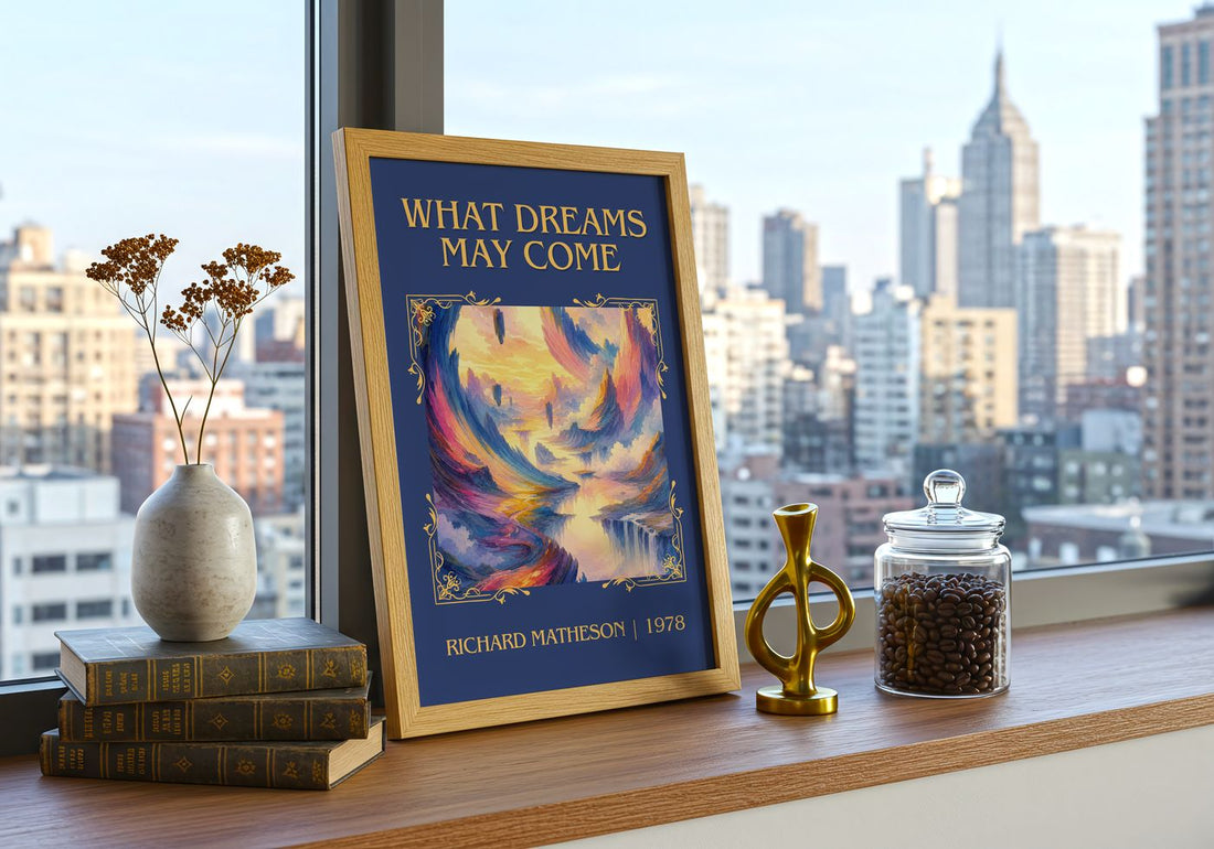 What Dreams May Come Classic Book Art Print by Richard Matheson – framed print on a city-view windowsill