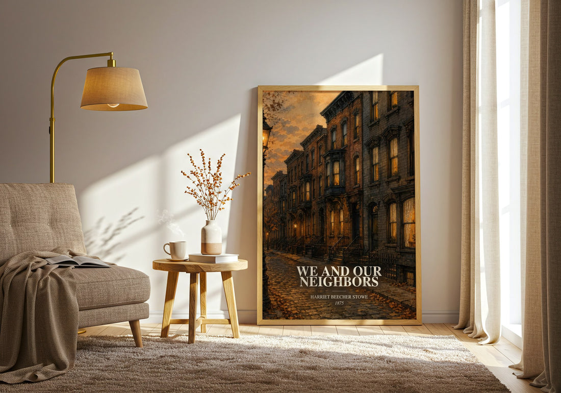 We And Our Neighbors watercolour print in frame leaning in hallway – historical fiction wall art (mockup)