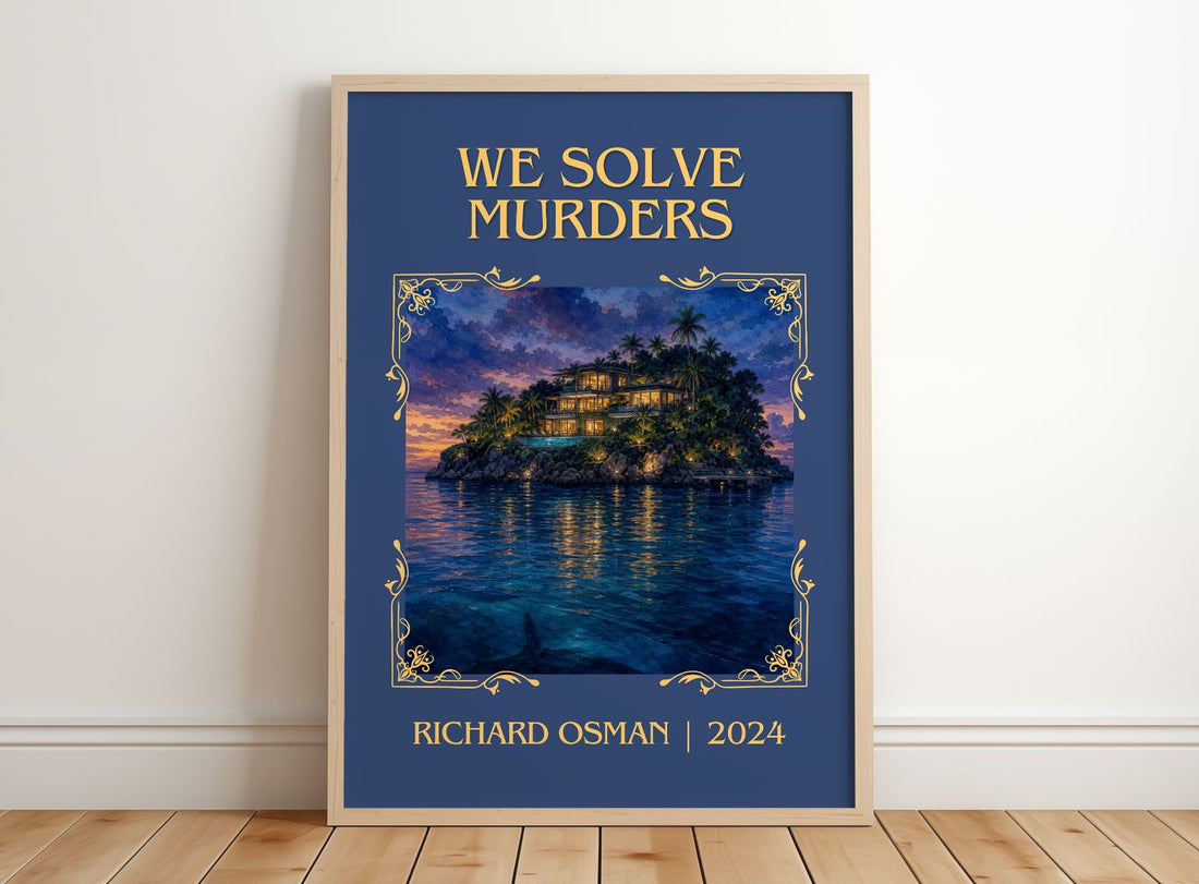 We Solve Murders Classic Book Art Print by Richard Osman – framed print leaning on a wooden floor