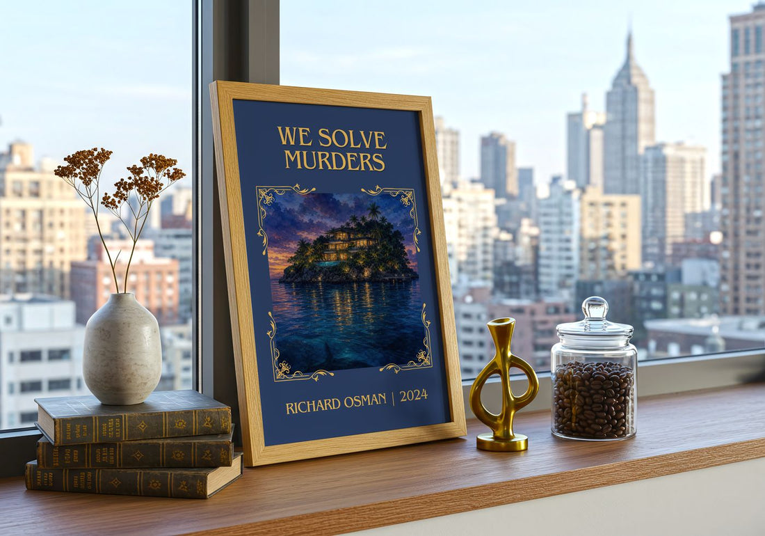 We Solve Murders Classic Book Art Print by Richard Osman – framed print on a city-view windowsill