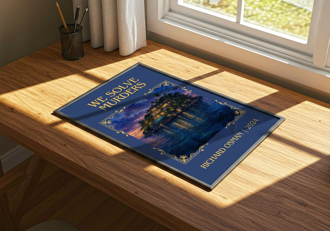 We Solve Murders Classic Book Art Print by Richard Osman – print on a sunlit desk