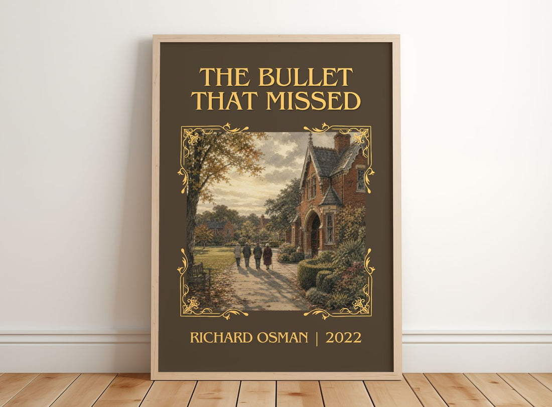 The Bullet That Missed Classic Book Art Print by Richard Osman – framed print leaning on a wooden floor