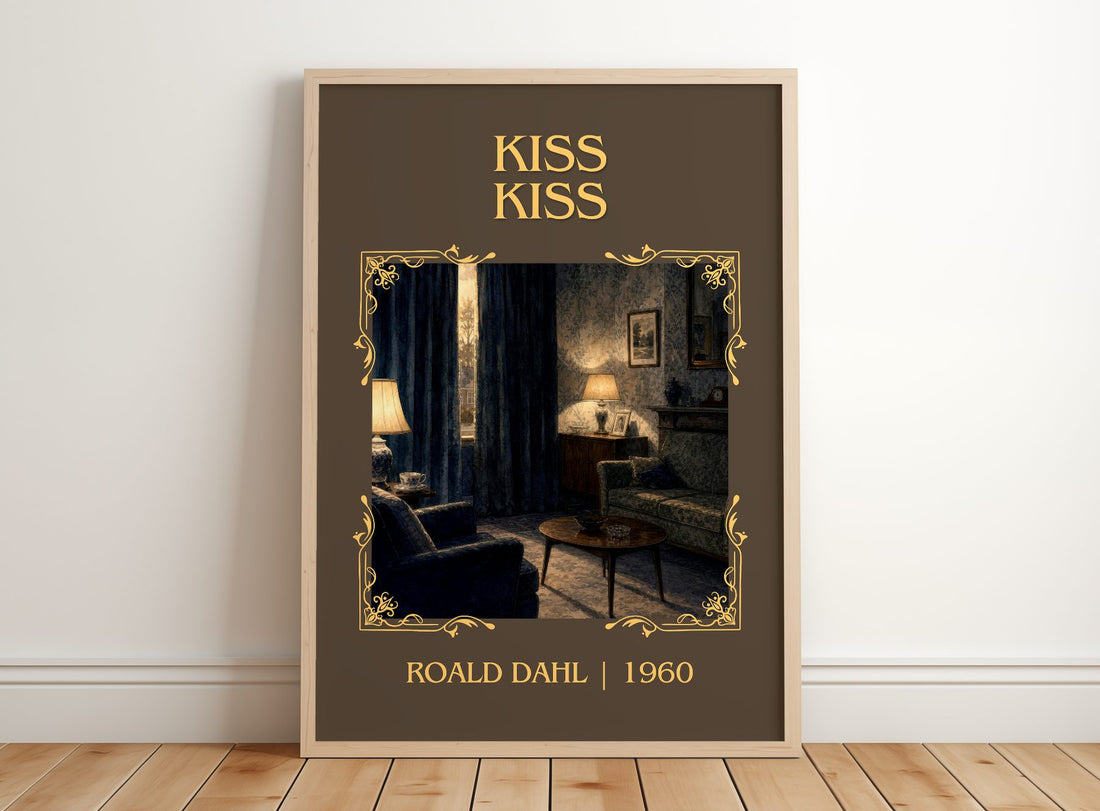 Kiss Kiss Classic Book Art Print by Roald Dahl – framed print leaning on a wooden floor