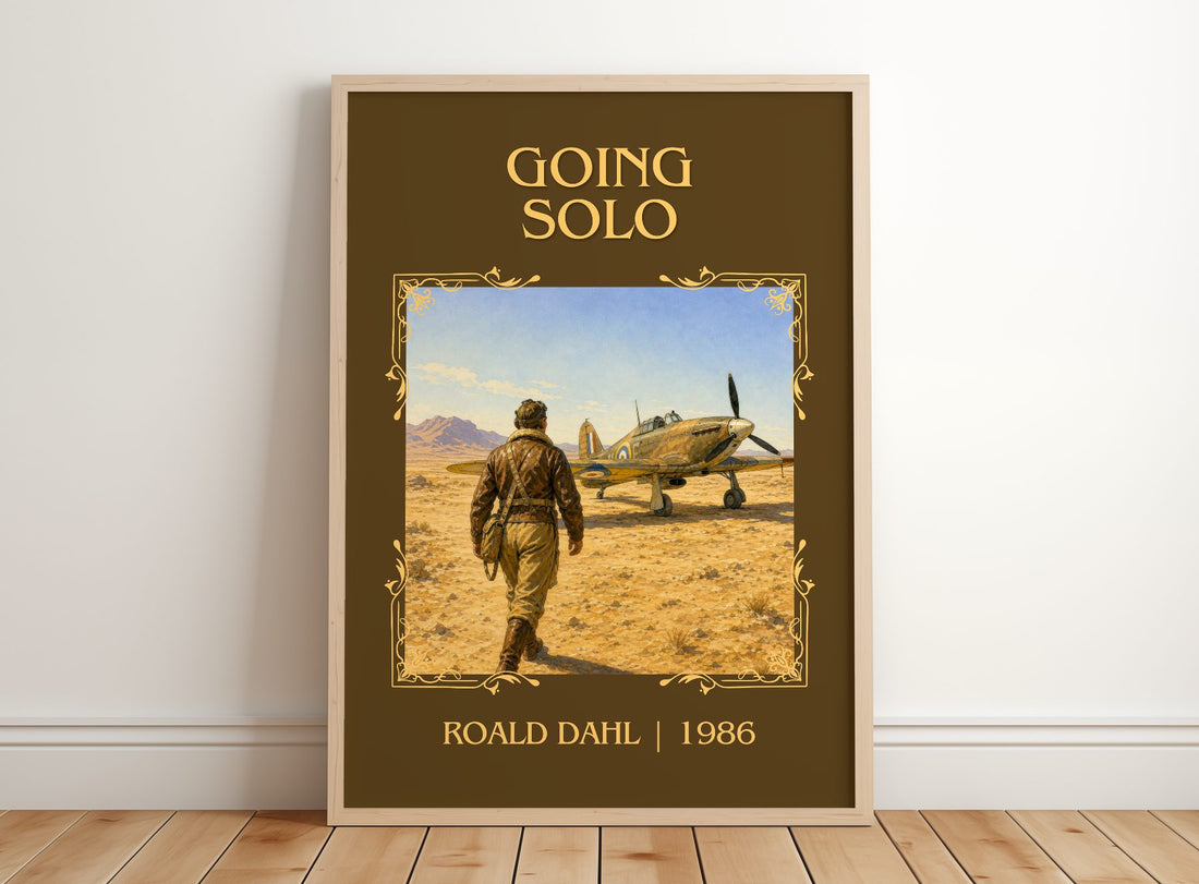 Going Solo Classic Book Art Print by Roald Dahl – framed print leaning on a wooden floor