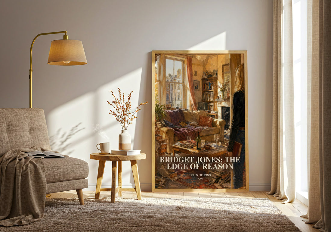 Bridget Jones: The Edge Of Reason watercolour print in frame leaning in hallway – contemporary fiction wall art (mockup)
