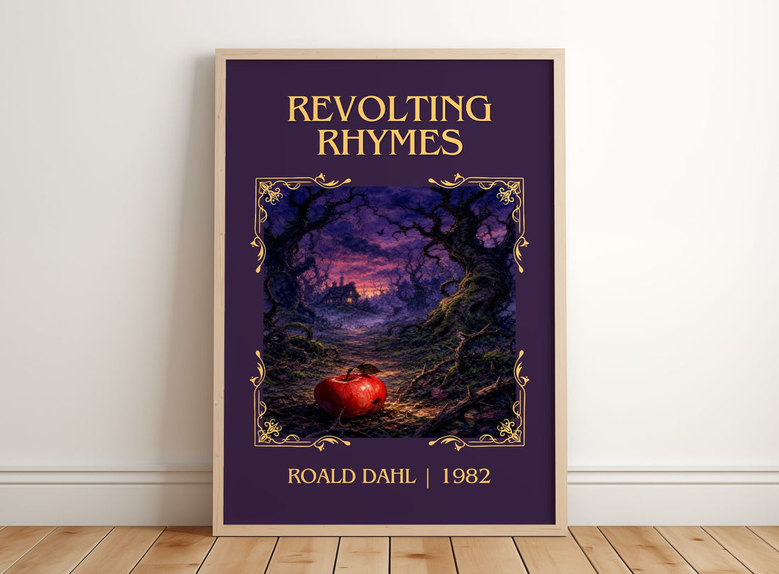 Revolting Rhymes Classic Book Art Print by Roald Dahl – framed print leaning on a wooden floor