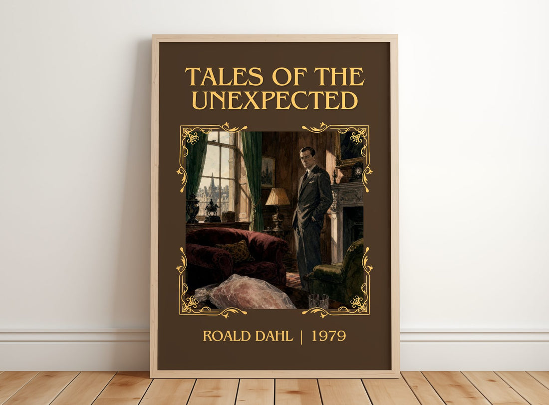 Tales Of The Unexpected Classic Book Art Print by Roald Dahl – framed print leaning on a wooden floor