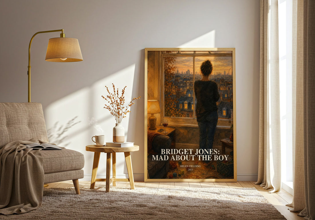 Bridget Jones: Mad About The Boy watercolour print in frame leaning in hallway – contemporary fiction wall art (mockup)
