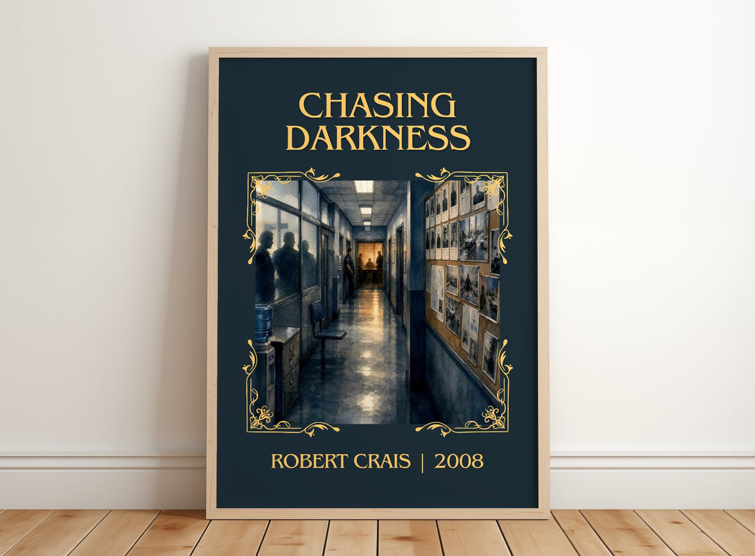 Chasing Darkness Classic Book Art Print by Robert Crais – framed print leaning on a wooden floor